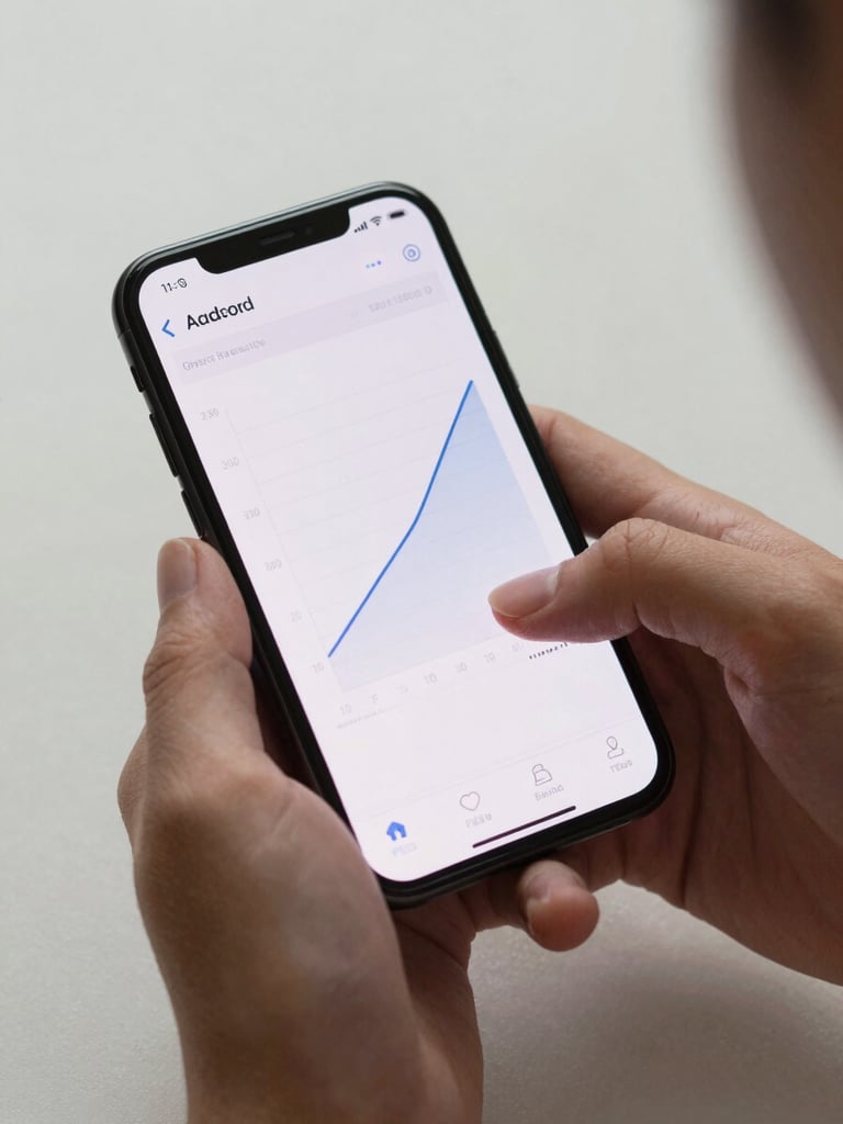 Close-up overhead view of hands holding an Android phone, screen showing a clean progress chart with a rising metric line, daylight studio lighting on a light neutral surface, fingers visible mid-interaction