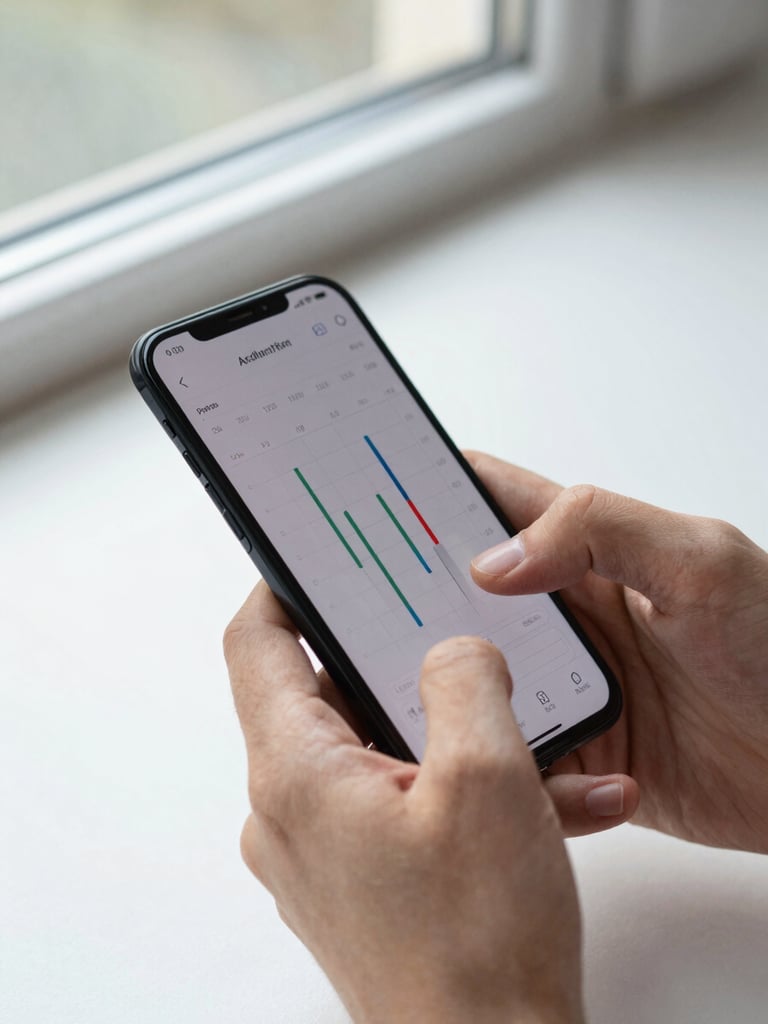 Close-up of hands holding an Android phone at a natural angle, a progress chart visible on the screen, finger mid-swipe, studio daylight from a north-facing window, clean white surface underneath