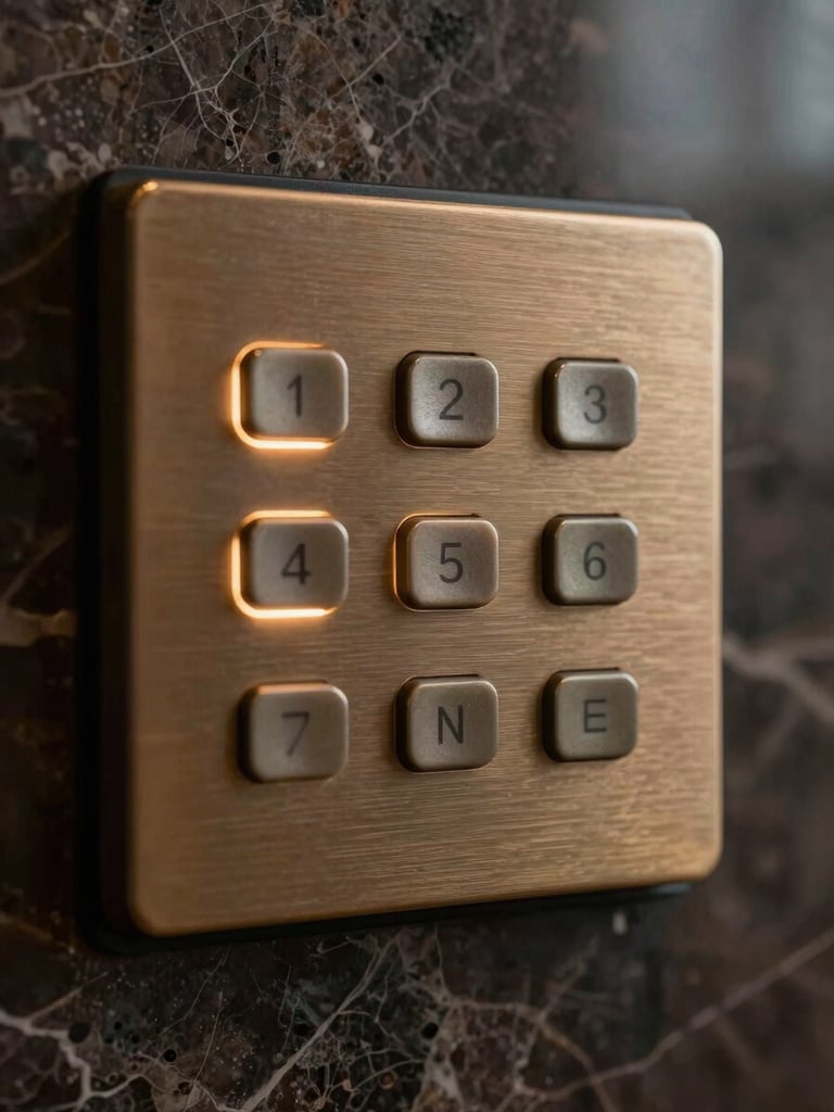 Close-up macro of a brushed bronze home automation keypad integrated into a dark marble wall, warm subtle glow around the buttons