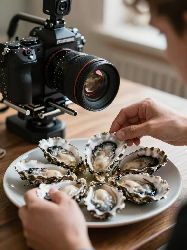 Hands adjusting a professional camera rig next to a freshly plated dish of oysters, natural side-lighting, shallow depth of field.