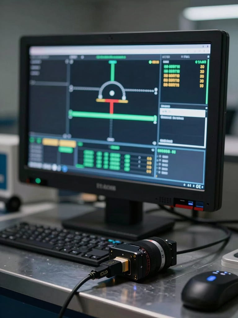 Close-up macro of a diagnostic scanner screen showing live module data readouts, connected to a vehicle ECU via OBD cable on a dark steel workbench, cool studio strobe lighting, sharp focus on the screen values, shallow depth of field fading to dark background