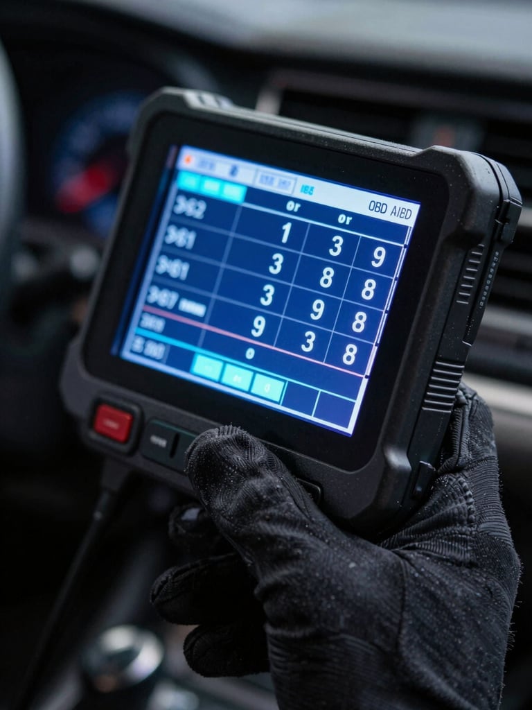 Close-up macro of a handheld automotive scanner screen displaying live OBD data codes, technician's gloved hand holding the device, cool blue LED lighting, dark background, sharp focus on the screen pixels