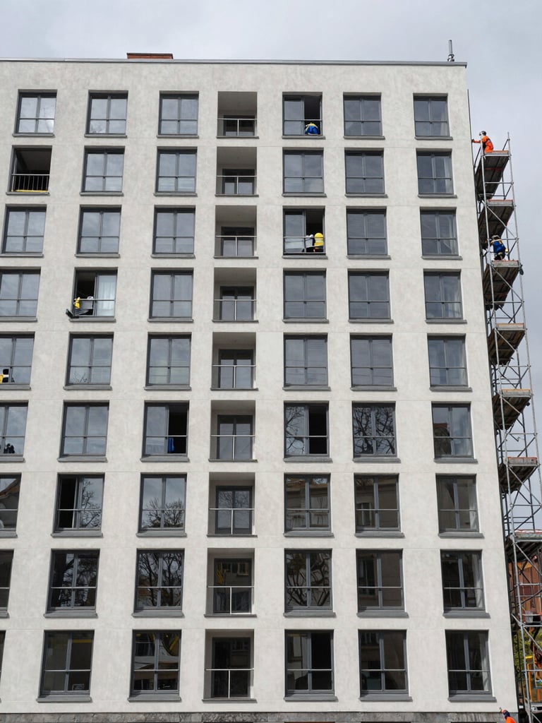 Wide environmental shot of a multi-storey residential building facade, newly installed aluminum window frames visible across multiple floors, overcast daylight, construction crew on scaffolding at right frame, building exterior in a Central European urban setting, documentary framing