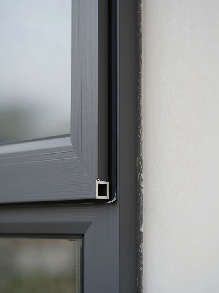 Extreme close-up of a precision-cut aluminum window frame corner installed on a real building facade, overcast daylight revealing the sharp mitered joint and tight rubber gasket seal, steel-gray profile against pale rendered wall, no people, no lifestyle styling