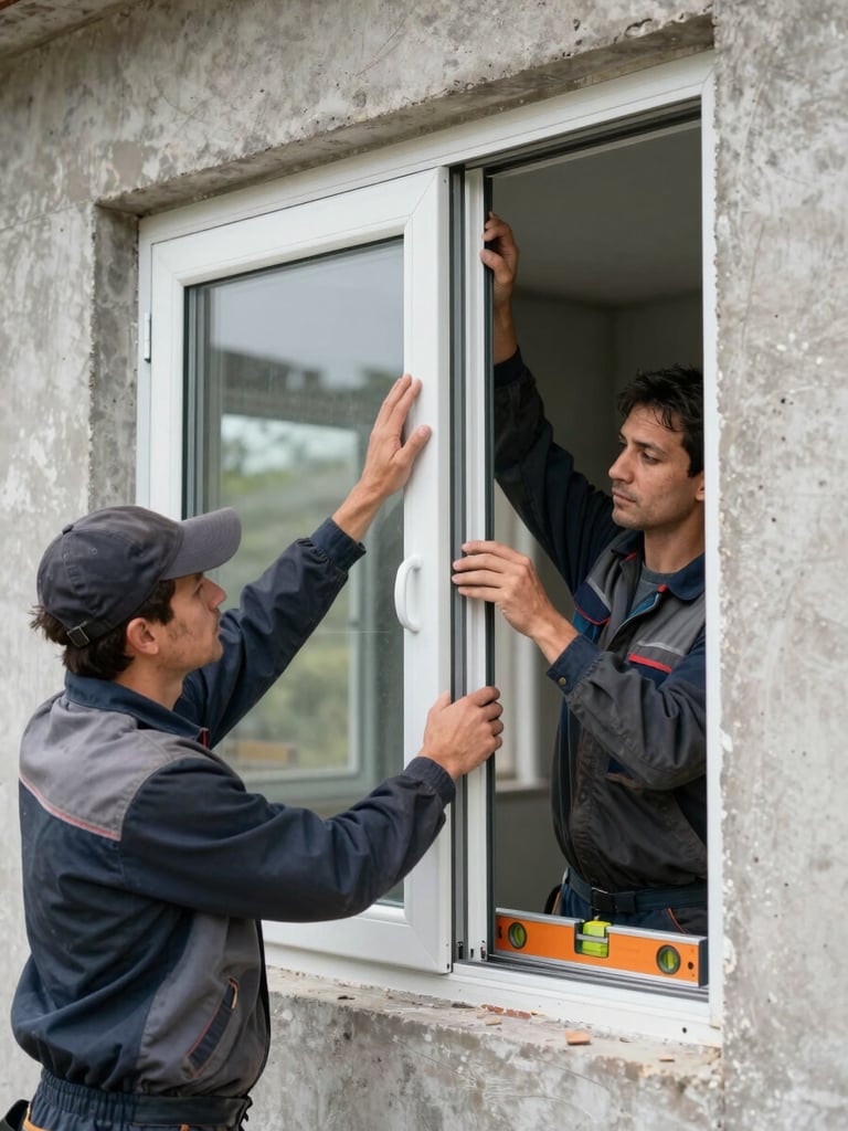 Close-up medium shot of two workers in work gear installing a large PVC window frame into a building opening on an overcast day, one worker pressing the frame into position while the other checks alignment with a spirit level, raw concrete surround visible