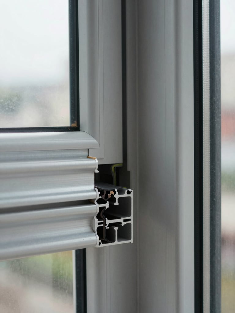 Extreme close-up of a freshly installed aluminum window frame junction at a building corner, gasket and sealant bead clearly visible, overcast daylight, no people, documentary detail shot