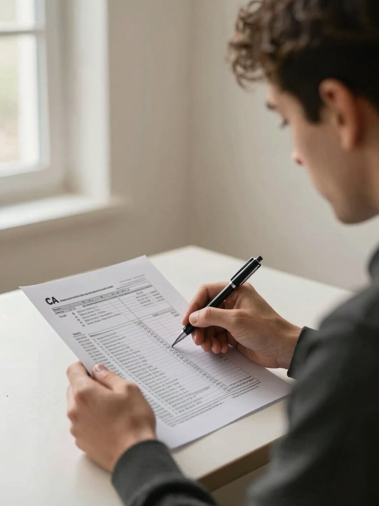 Medium shot of a CA reviewing a printed tax computation sheet at a desk, pen in hand annotating a deduction column, soft natural light from a window to the left, warm off-white wall behind