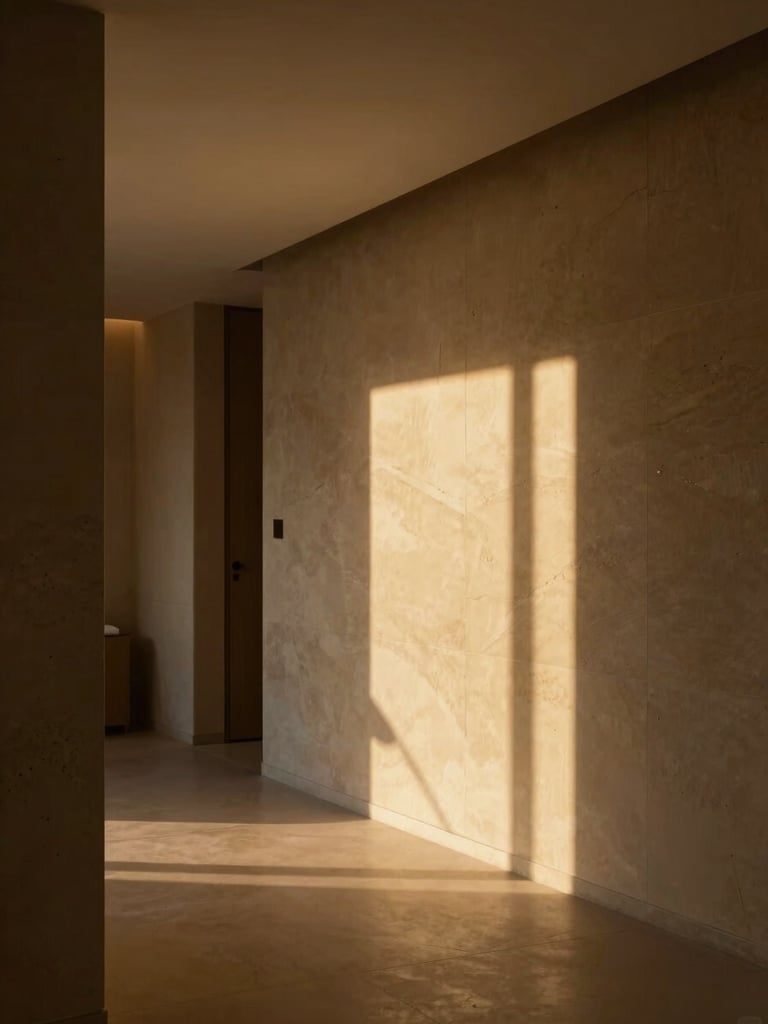 Architectural interior of a high-end wellness clinic, clean limestone walls, soft golden-hour light casting long shadows, premium aesthetic