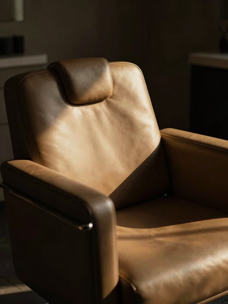 Close-up of a sleek minimalist leather salon chair, dramatic side-lighting with deep shadows, warm golden accents, cinematic 35mm