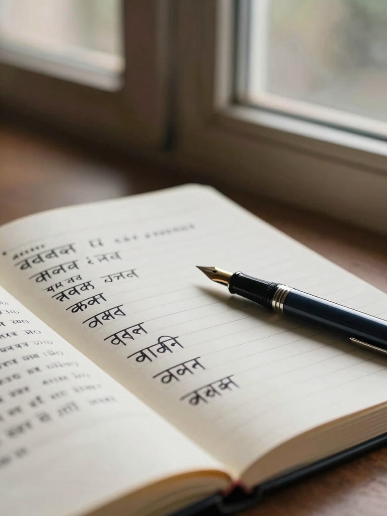 Editorial close-up of an open notebook with hand-written Sanskrit notes and a fountain pen, soft warm window light, textured paper, 35mm