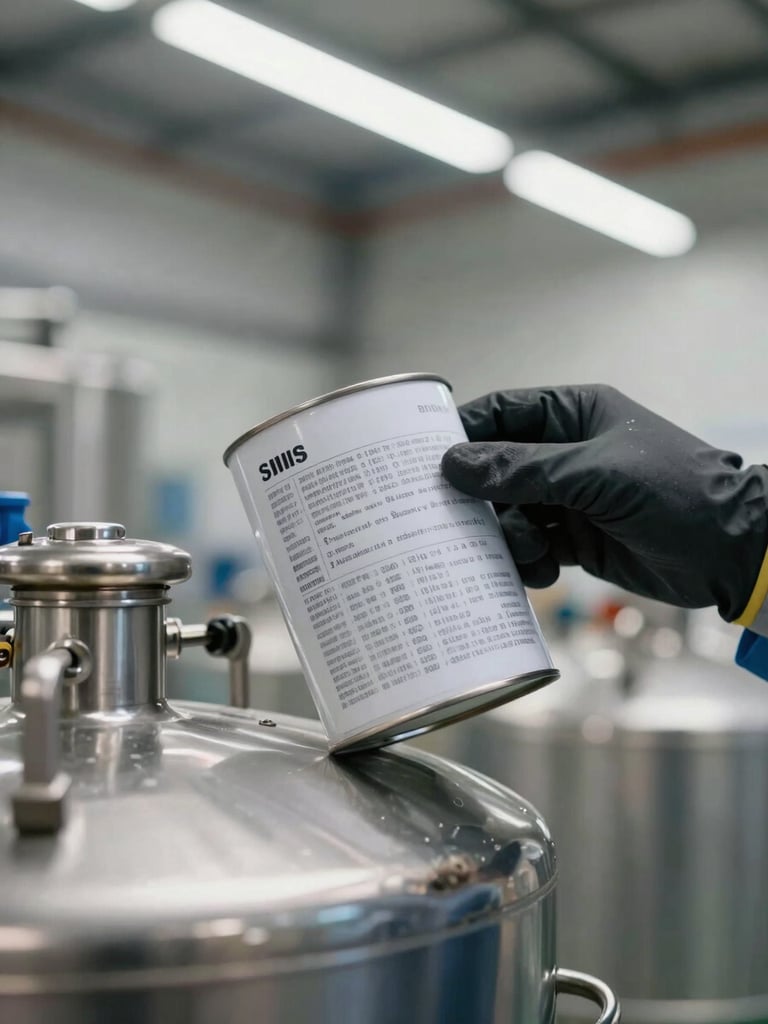 Close-up shot of a gloved hand verifying batch numbers on a metal chemical canister inside a brightly lit hangar, crisp overhead lighting, metallic textures.