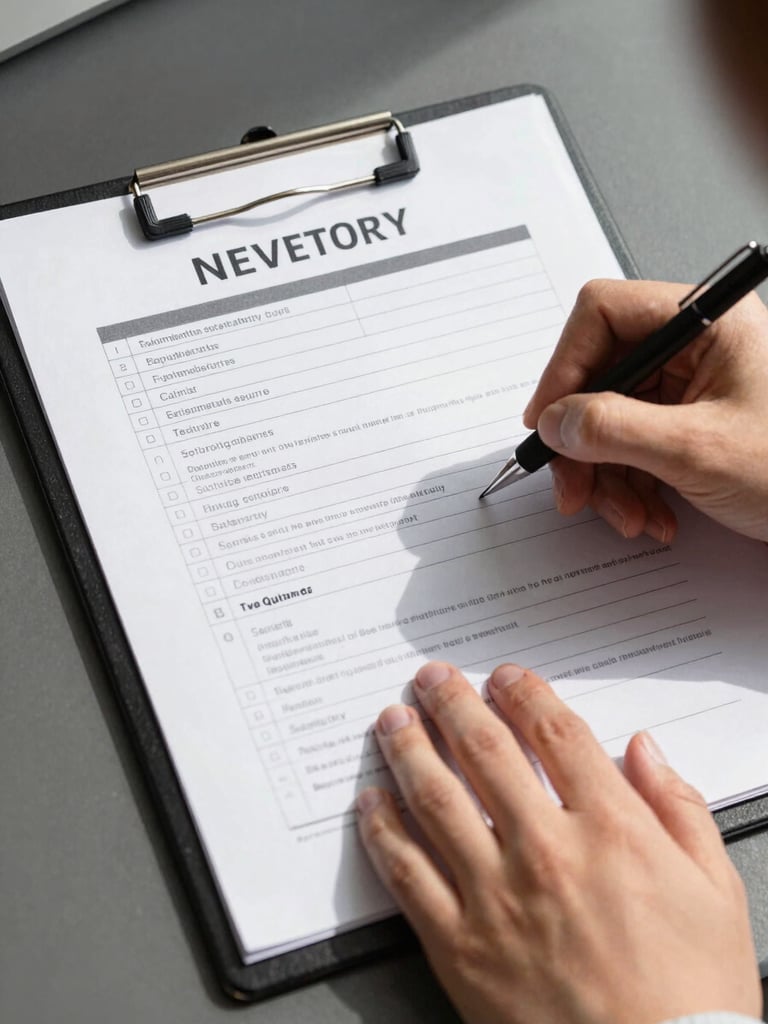 A professional clipboard with an active inventory checklist and a formal contract being signed, clean hands, bright natural daylight.