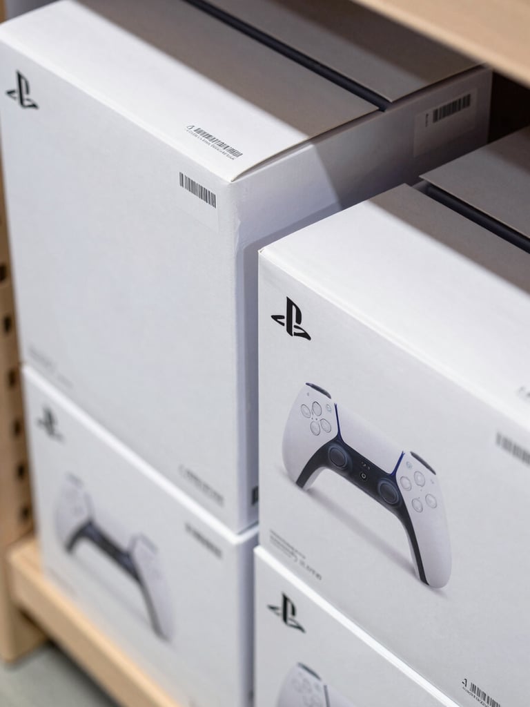 Overhead close-up study of stacked sealed Sony PlayStation 5 retail boxes on a warehouse shelf, authentication seal labels visible on box edges, clean studio strobe lighting revealing barcode and serial number stickers, matte white packaging, no hands or people in frame