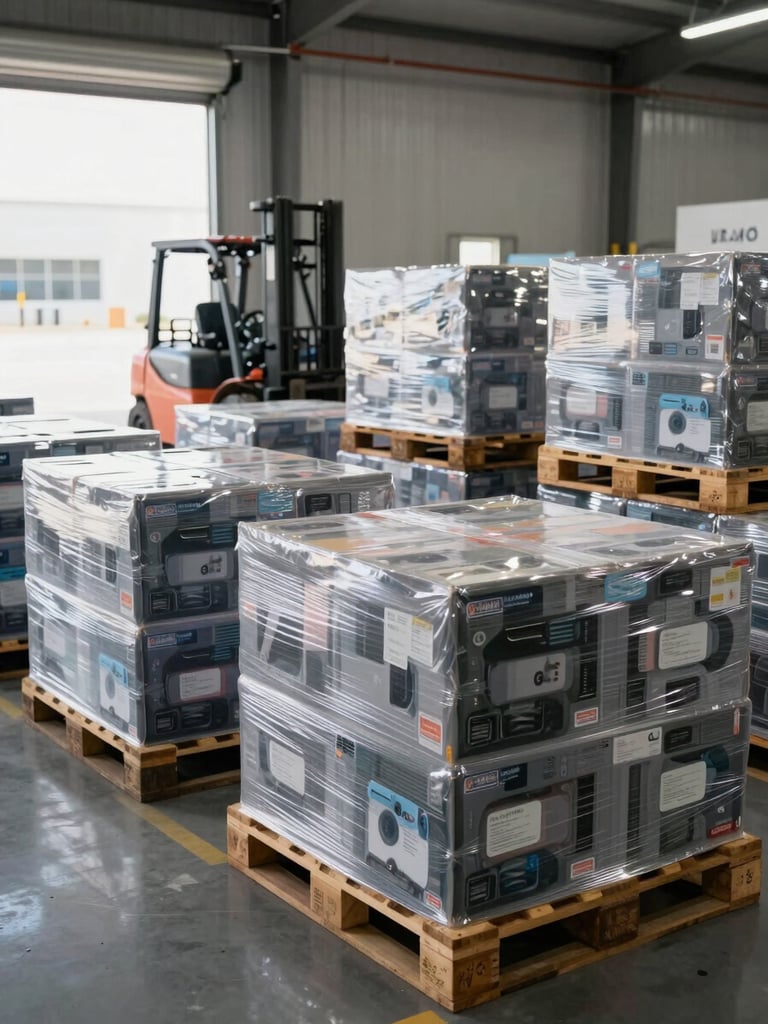 Wide environmental shot inside a UAE free zone logistics facility, rows of sealed tech product pallets wrapped in clear plastic stretch film, forklift visible in the background, clean daylight through large warehouse doors on the left edge of frame