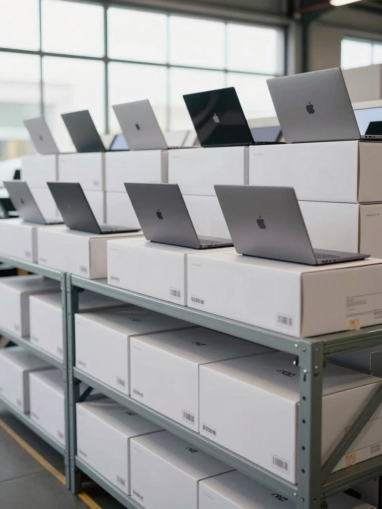 Wide shot of retail laptop boxes stacked in neat rows on warehouse shelving, Apple MacBook and Samsung laptop packaging facing outward, clean daylight from warehouse windows illuminating box surfaces, authentication barcode stickers clearly visible on box ends, no people, cool neutral tones