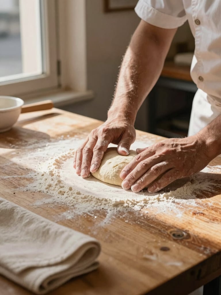 Close-up of a baker's flour-dusted hands pressing dough flat on a worn wooden counter inside a small Lisbon restaurant, morning window light raking across the surface from the left, a linen cloth folded at the edge of the frame