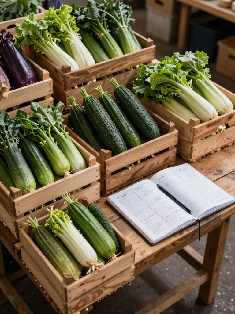 Overhead composition of a market stall setup in progress — wooden crates of vegetables arranged on a trestle table, a notebook with a hand-drawn content plan open beside them, north-facing indoor market light, no people visible, mid-morning