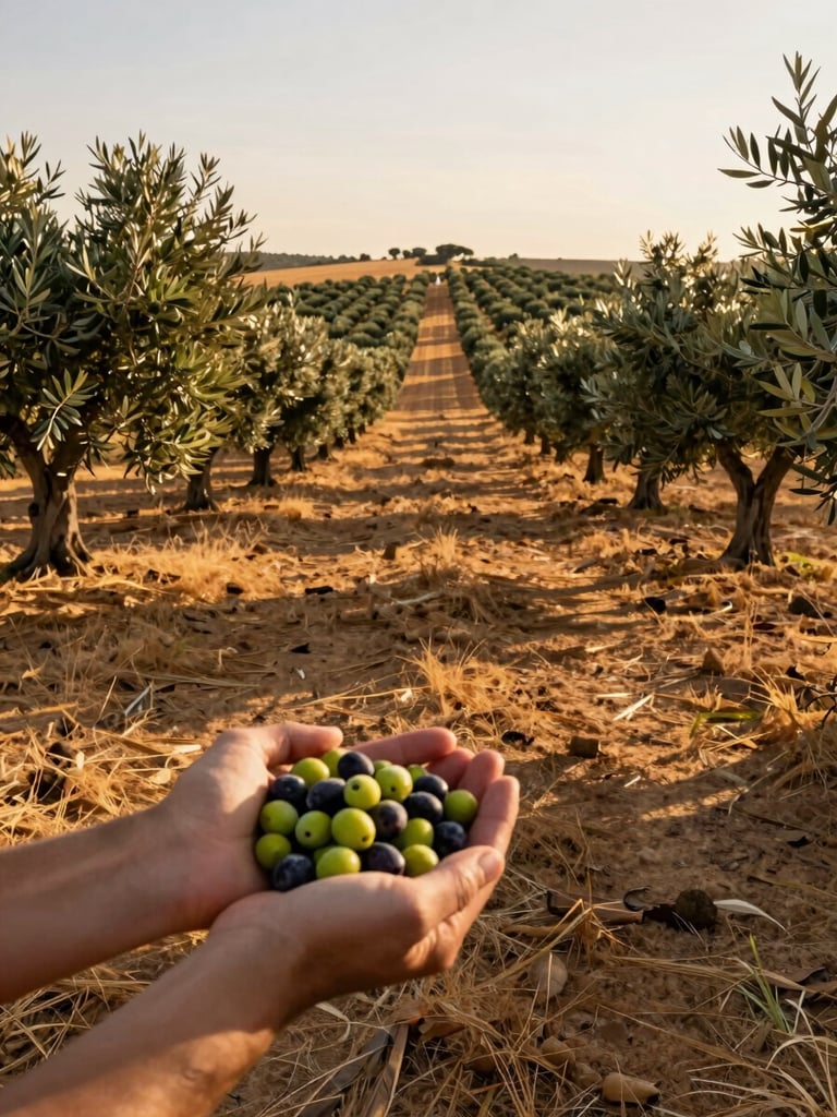 Wide environmental shot of golden-hour Alentejo farmland, rows of olive trees stretching to the horizon, a pair of hands holding freshly harvested olives in the foreground left, warm late-afternoon light casting long shadows across the dry earth