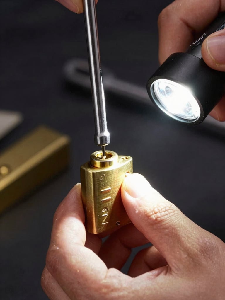 Tight macro shot of a locksmith's hands using a professional tension wrench to decode a high-security brass lock cylinder, sharp focus on metal tools, dramatic side lighting from a flashlight, dark background.