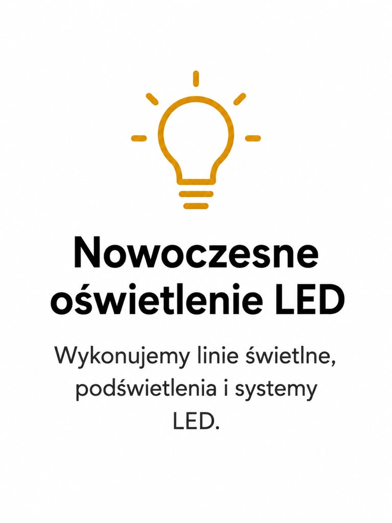 Nowoczesne oświetlenie LED, systemy i linie świetlne - grafika z ikoną żarówki.