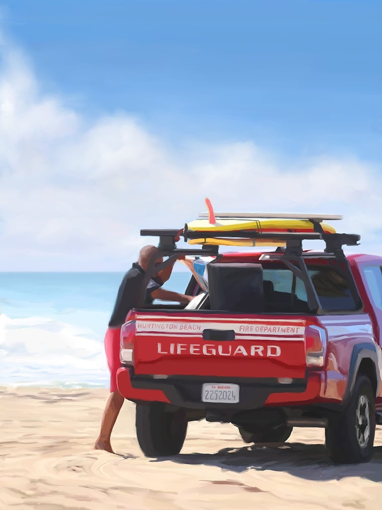 Huntington Beach digital painting - Lifeguard at Pacific Ocean art