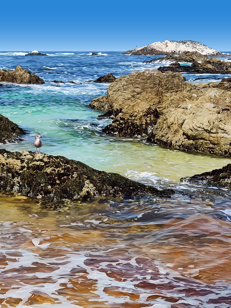 Painting of BIRD ROCK at 17 Mile Drive in Pebble Beach, CA - vector hyperrealism
