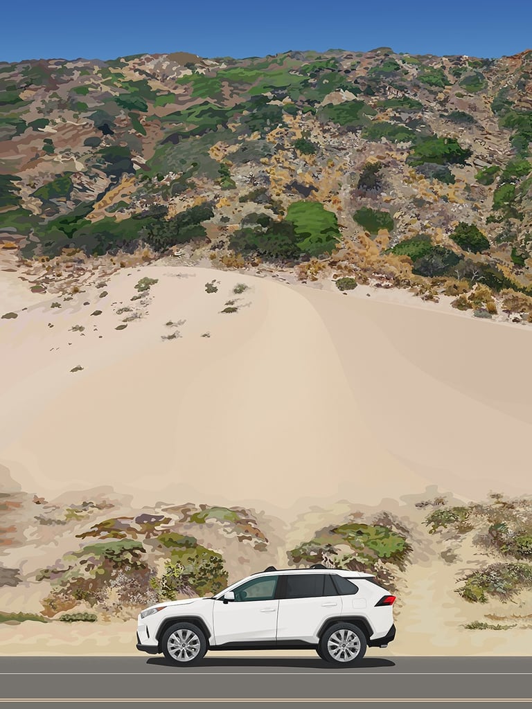 Sandy Dune, Malibu painting - Toyota RAV4 illustration (vector hyperrealism)