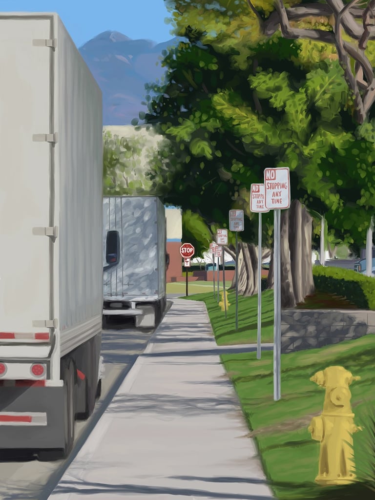 digital painting of trucks parked in suburbs of Irvine, California