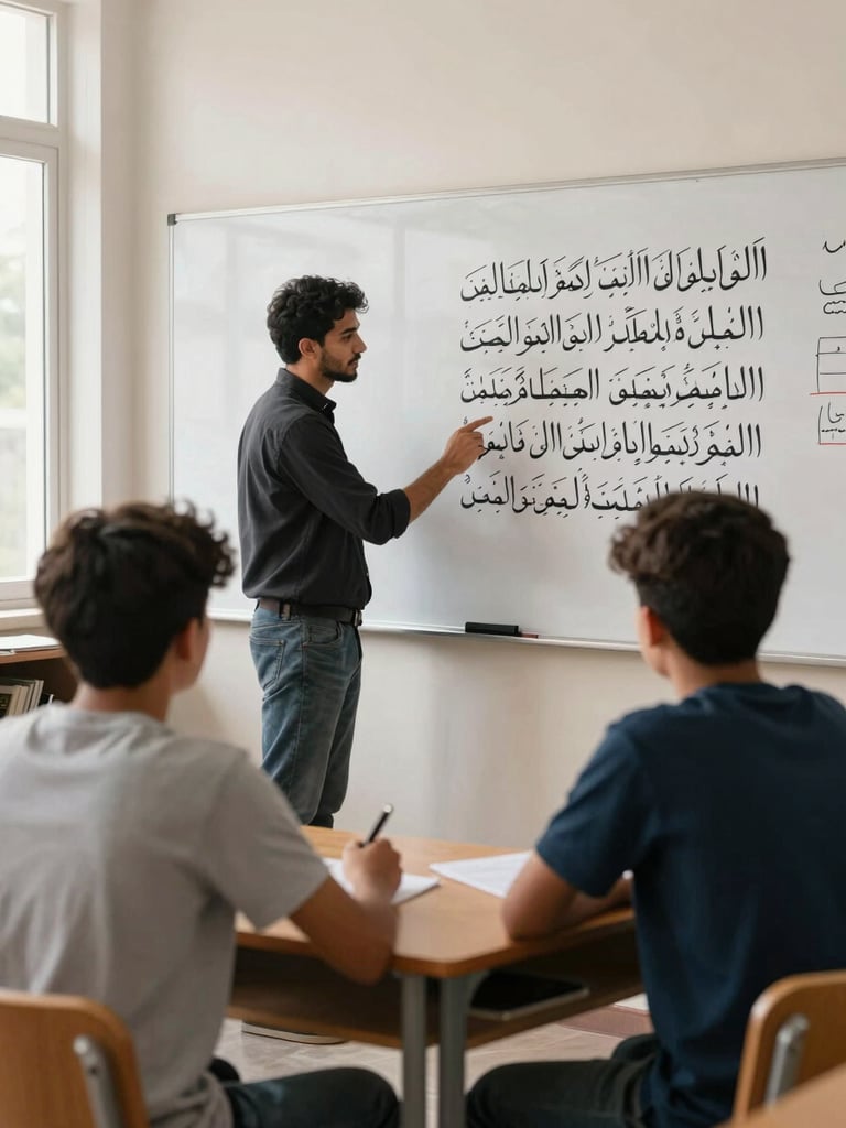 Wide environmental shot of a male teacher standing beside a large whiteboard bearing a handwritten Quranic verse in classical script, two teenage male students seated at desks in the foreground facing him, diffused natural light from a high window to the left, classroom shelves with books faintly visible on the right edge