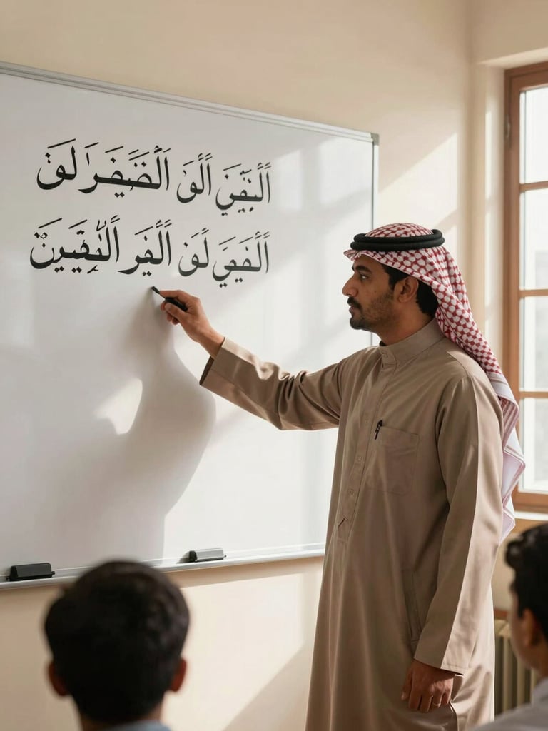 Close portrait frame inside a Quranic learning hall, a male teacher in traditional Saudi thobe pointing at an Arabic verse written on a whiteboard, warm natural window light falling from the right, students' heads slightly visible in the lower foreground, educational atmosphere