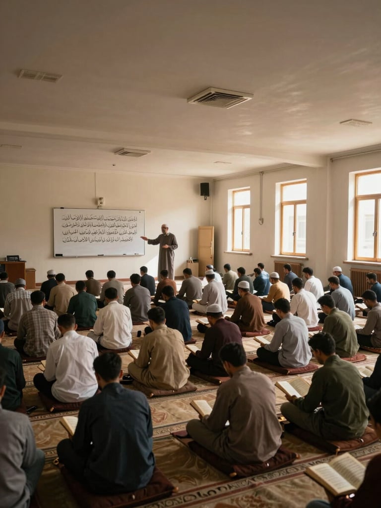 Wide environmental shot inside a Quran teaching hall in Tabuk — rows of students seated on floor cushions reading from open Mushafs, warm natural window light streaming from the right side, a qualified teacher standing at the front gesturing toward a whiteboard with Quranic verse. Framing shows the full room width with generous ceiling space, conveying an organized, welcoming learning environment.