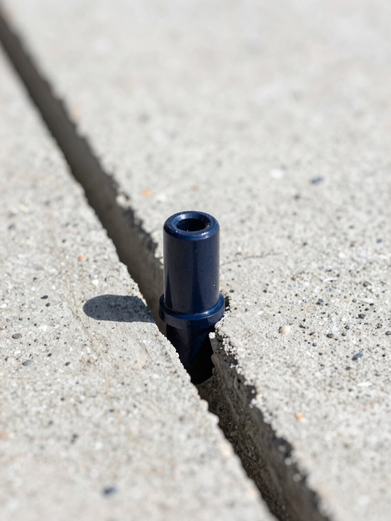 Macro close-up of a high-pressure epoxy resin injection port fixed into a concrete crack, bright natural daylight, technical details visible