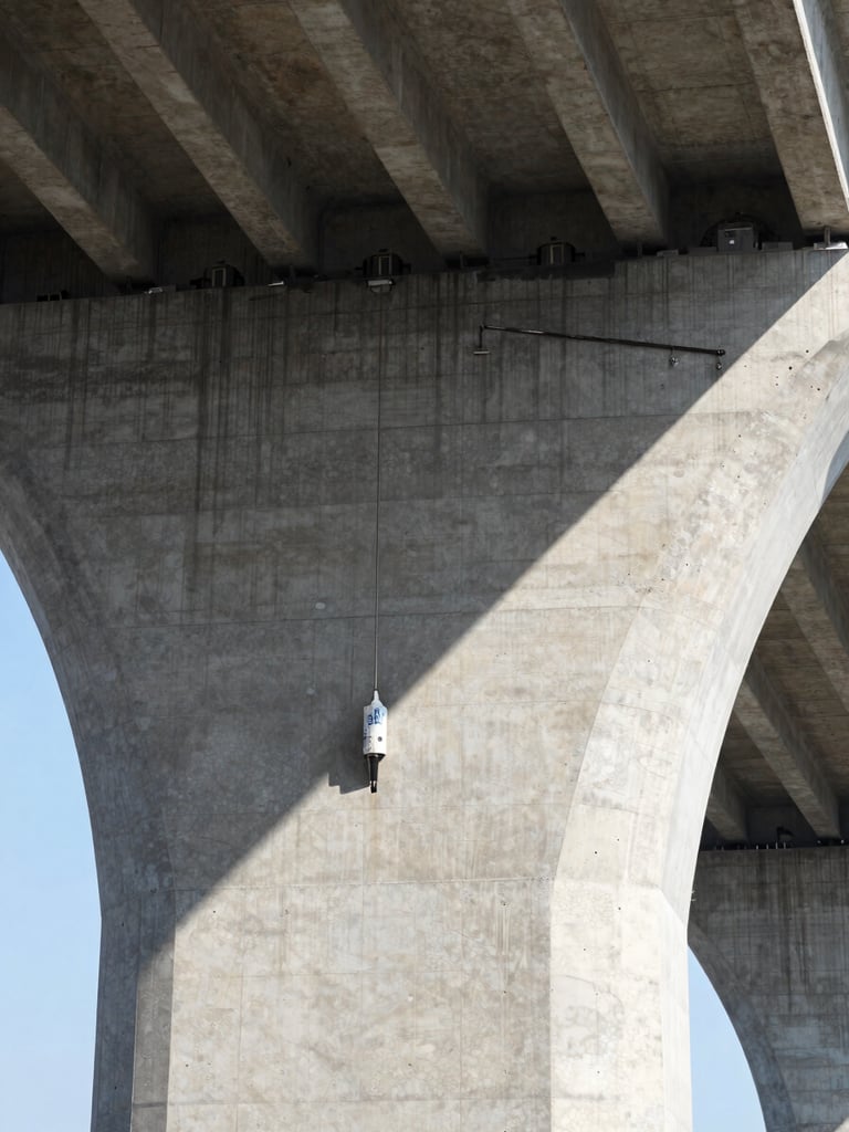 Close-up of industrial concrete repair, polymer injection nozzles inserted into a massive bridge pillar, bright daylight, high-contrast details