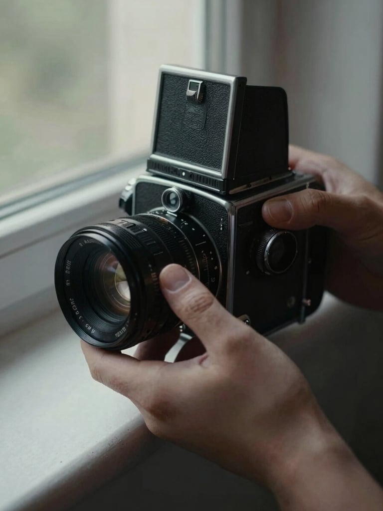 Close-up of hands adjusting a vintage medium-format camera lens, soft natural window light, deep shadows, cinematic tones, 35mm film grain