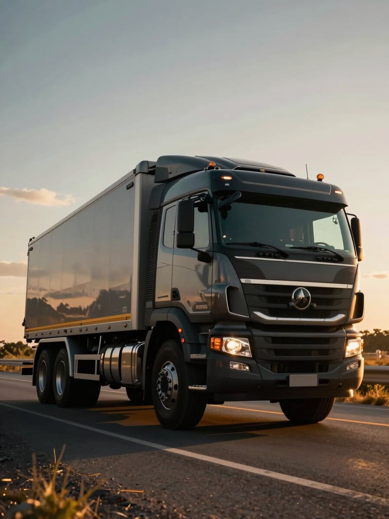 Low-angle heroic profile of a modern heavy-duty truck on a highway in Celaya, dramatic golden-hour light, sharp focus, cinematic industrial photography