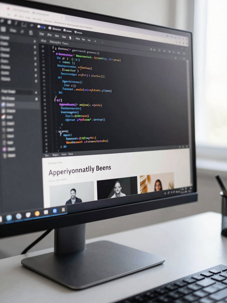 Close-up of a monitor showing a website build in a code editor alongside a browser preview, clean desk environment, sharp natural daylight from the right side, keyboard partially in frame