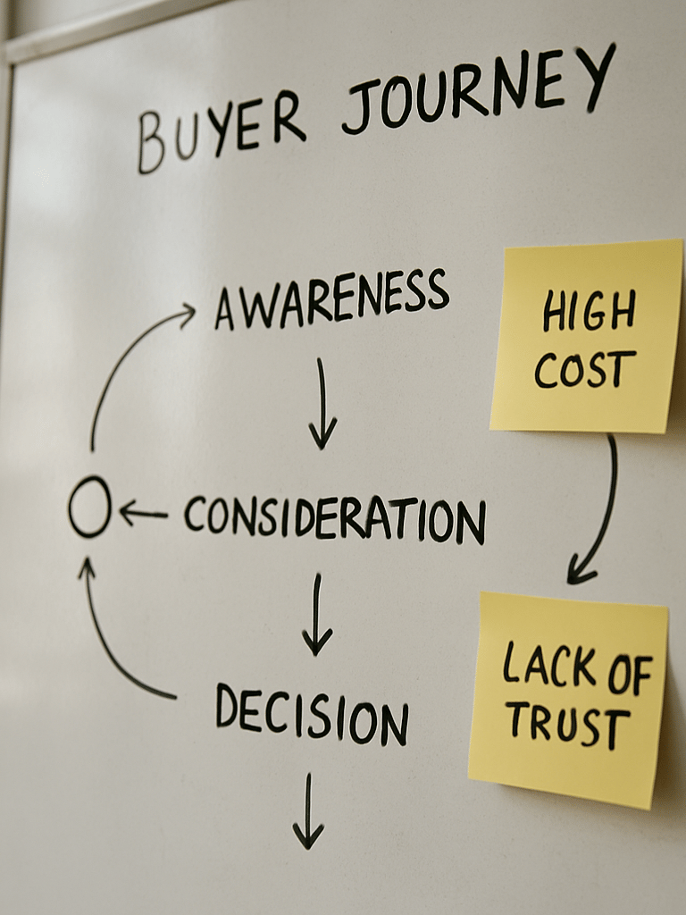 Close-up of a whiteboard covered in annotated buyer journey notes, arrows connecting decision stages, sticky notes with handwritten friction points, bright natural office daylight from the left