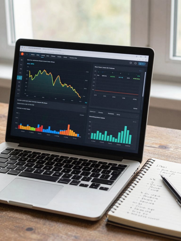 Wide shot of a laptop screen showing a live analytics dashboard with conversion rate graphs and traffic sources, a notebook with handwritten metric annotations beside it, bright daylight from a window behind