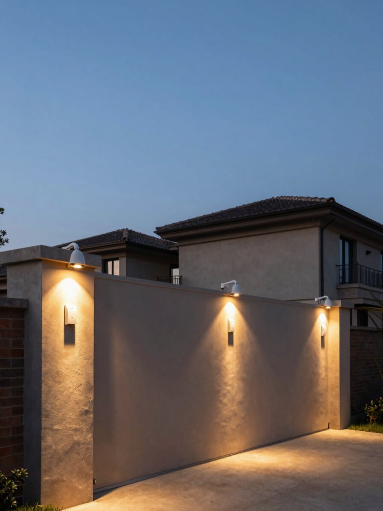 Wide environmental photograph of a gated residential compound at dusk, four dome cameras visible on wall-mounted brackets at regular intervals, warm perimeter lighting casting sharp shadows, no people, expansive sky above