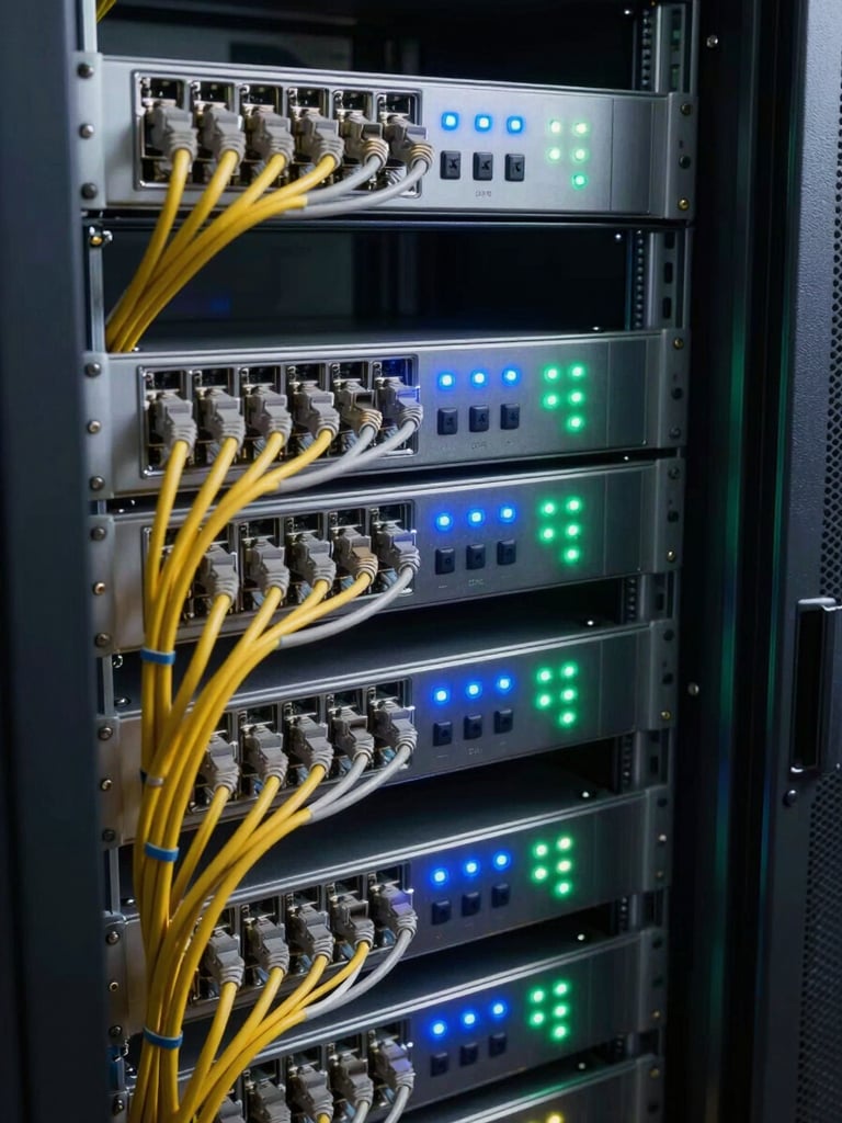 Close-up interior of a clean server cabinet with neatly routed ethernet and coaxial cables in conduit, rack-mounted NVR units with indicator LEDs glowing blue and green, studio strobe lighting revealing cable termination detail