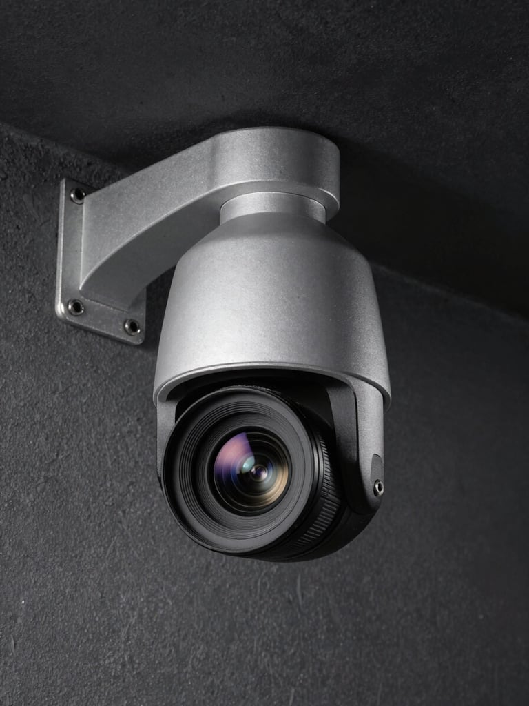 Close-up of a high-resolution PTZ camera mounted on a steel bracket against a dark concrete wall, studio strobe lighting revealing lens detail and cable conduit entry, precise industrial framing