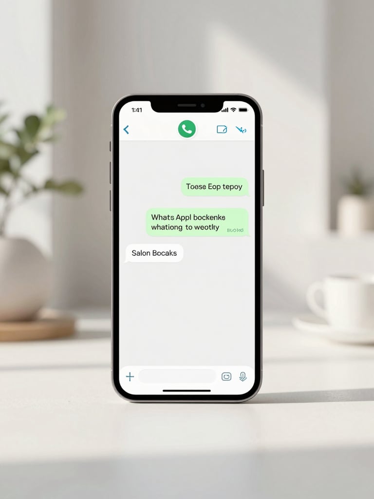 A clean minimalist mobile phone mockup showing a realistic WhatsApp chat screen with a salon booking confirmation message under soft natural daylight