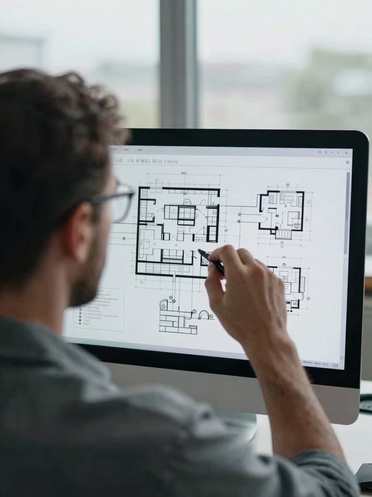 Over-the-shoulder view of an engineer analyzing a complex architectural system diagram on a screen, natural cool daylight, muted slate tones