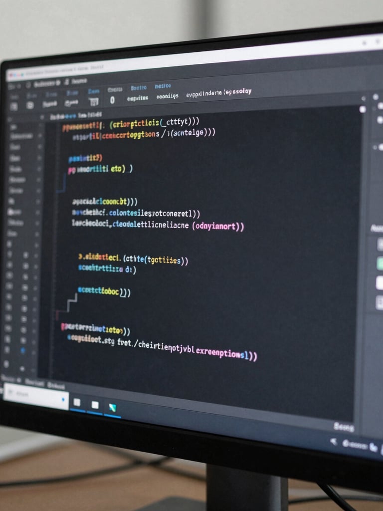 Close-up of a clean IDE interface showing structured backend code on a high-resolution monitor, cool-toned daylight, shallow depth of field