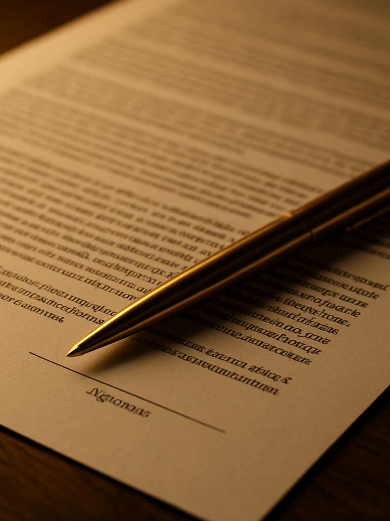 Close-up of a legal contract page spread open on a dark oak desk, a gold pen resting diagonally across the signature line, warm tungsten lamp light casting soft shadows on the paper, selective focus on printed clauses in the foreground