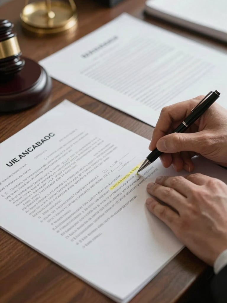 Overhead view of legal documents spread across a consultation desk, a lawyer's hands reviewing highlighted contract clauses with a pen, warm diffused office light, shallow depth of field emphasizing the annotated text