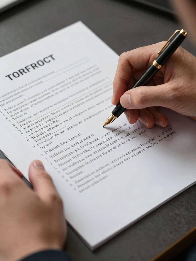 Close-up overhead shot of hands carefully reviewing a printed contract document on a dark desk, a gold-tipped fountain pen held lightly above a highlighted clause, warm indoor tungsten light, soft shadows at edges, crisp document texture visible