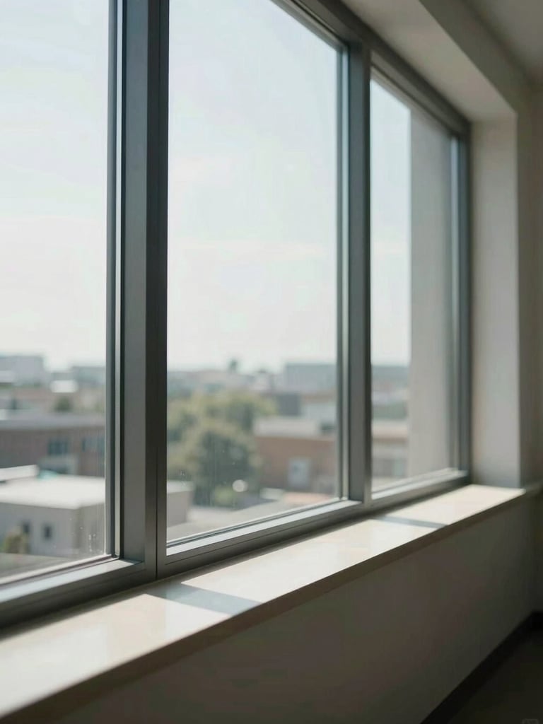Interior environmental shot looking outward through a large installed window system — daylight flooding through the glass, the window frame sharp against the bright exterior view, architectural sill and jamb detail visible in the foreground, no people present