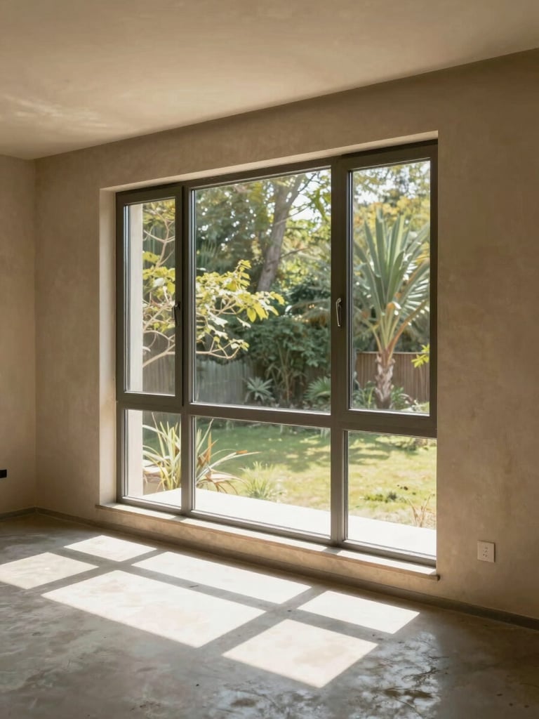 Wide interior shot of a large installed casement window system in a residential living space, natural daylight flooding through the glazed panels onto a concrete floor, the aluminum frame visible in sharp focus against warm plastered walls, no people, architectural photography