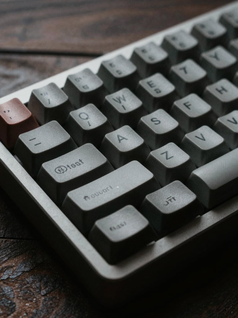 Macro close-up of a vintage mechanical keyboard on a dark wooden desk, soft diffused side light, moody atmosphere, sharp focus on key texture.